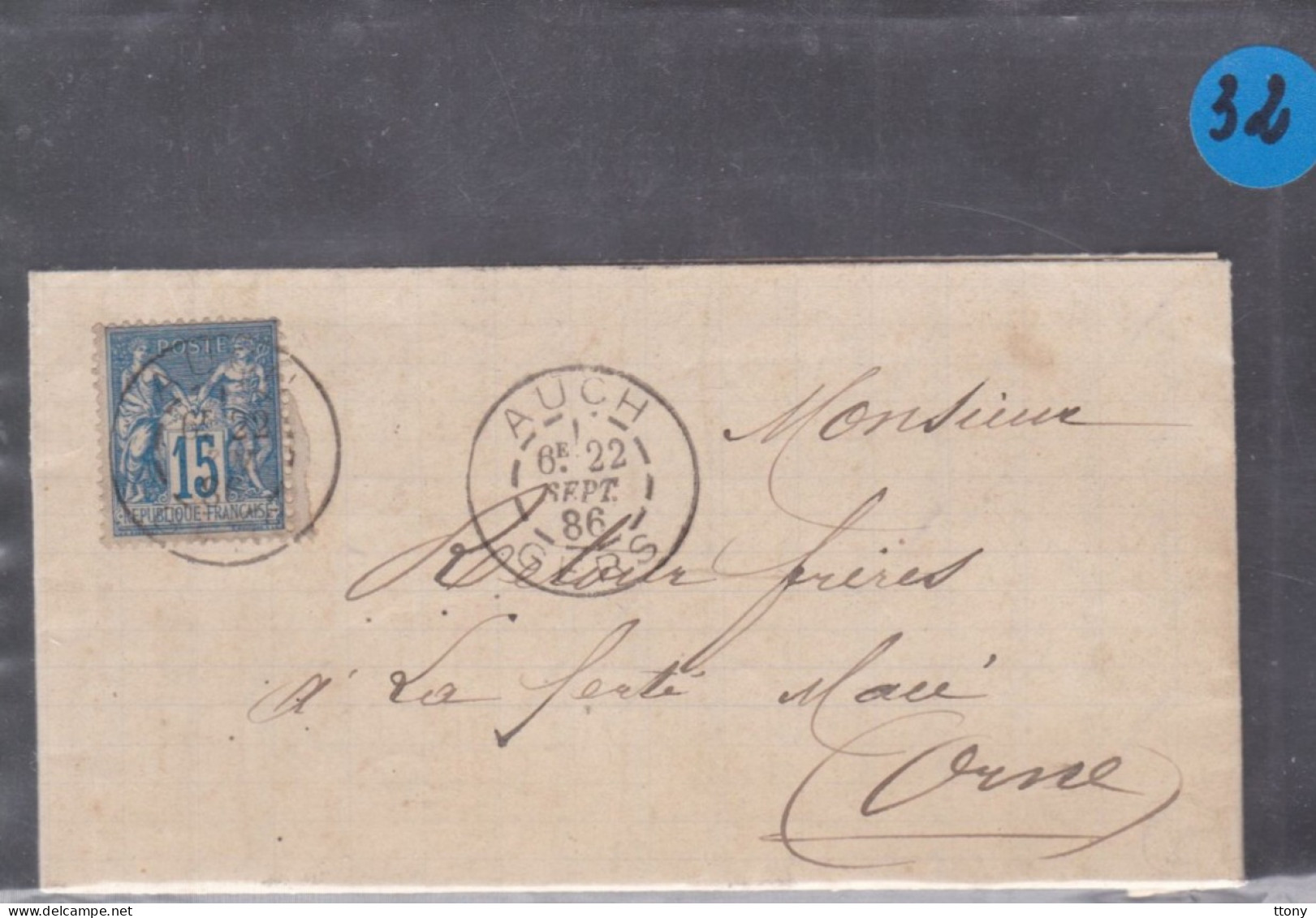 Un Timbre 15 C Type Sage   Sur Lettre   Cachet Auch  1886   Destination La Ferté Macé - 1877-1920: Semi Modern Period