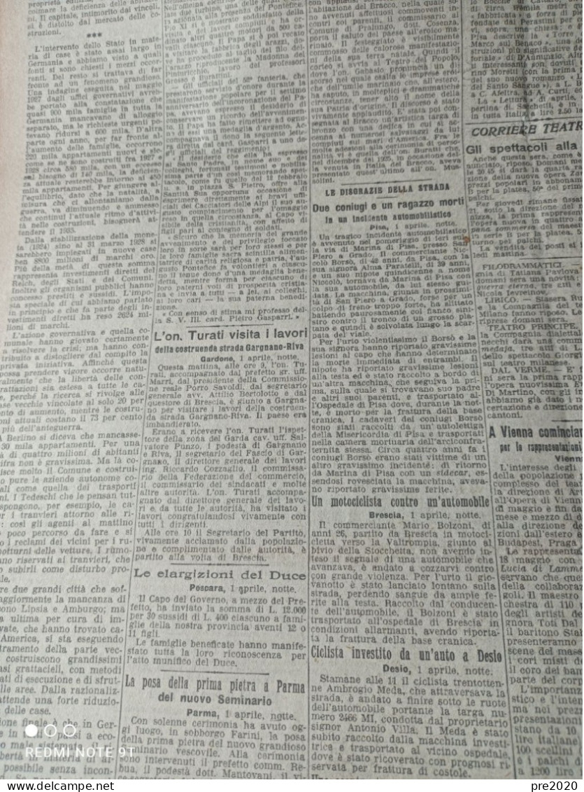 CORRIERE DELLA SERA 2/4/1929 IL DUCE A PREDAPPIO VECCHIA BIELLA GARDONE MADDALONI - Andere & Zonder Classificatie