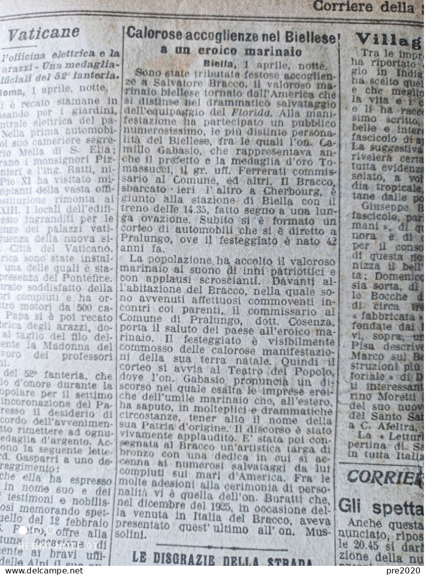 CORRIERE DELLA SERA 2/4/1929 IL DUCE A PREDAPPIO VECCHIA BIELLA GARDONE MADDALONI - Sonstige & Ohne Zuordnung