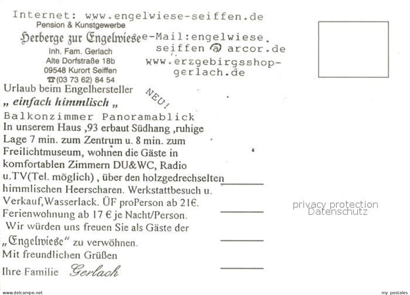 73646701 Seiffen Erzgebirge Herberge Zur Engelwiese Pension Und Kunstgewerbe Sei - Seiffen