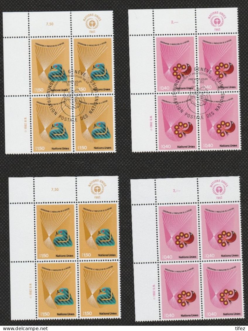Nations Unies / Genève : N°109/110 : Protection De La Nature : 4 Blocs De 4 Timbres Dont 2 Avec Oblitération 1er Jour - Unused Stamps