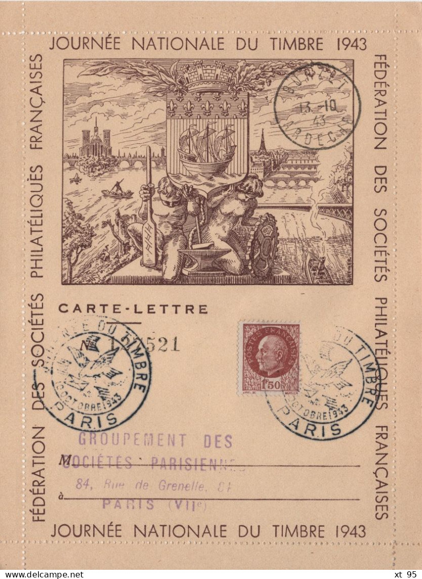 Journee Du Timbre 1943 - Paris - Carte Lettre - 1921-1960: Modern Period