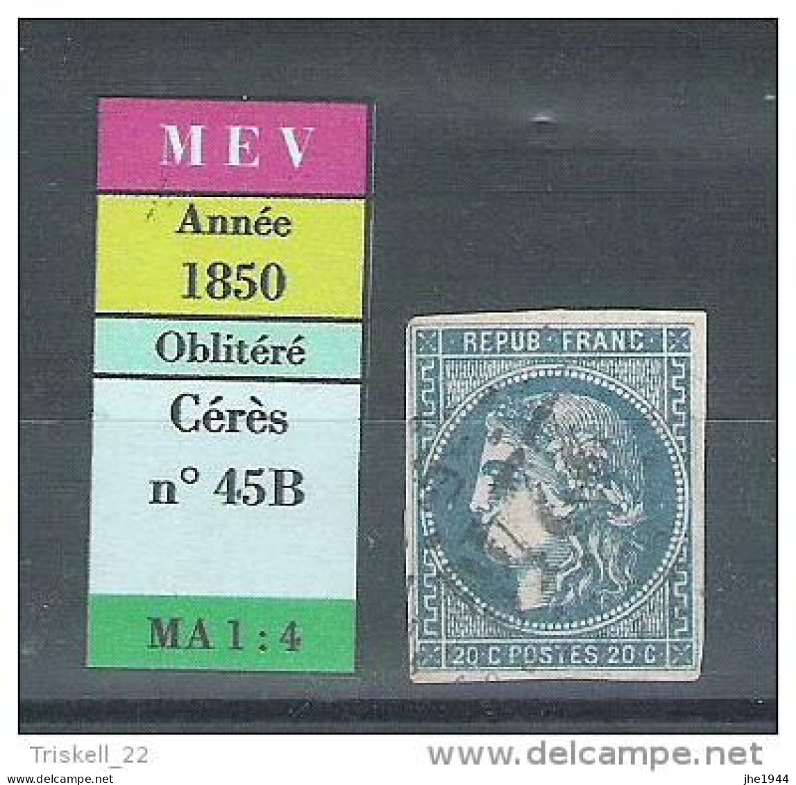 France N° 45B Ceres Emission De Bordeaux 20 C Bleu - 1870 Emission De Bordeaux