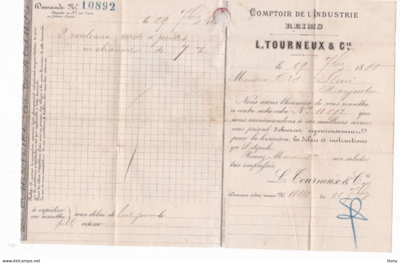 Une Facture Comptoir De L' Industrie Reims  L. Tourneux & Cie   1880  Destination Belfort - 1800 – 1899
