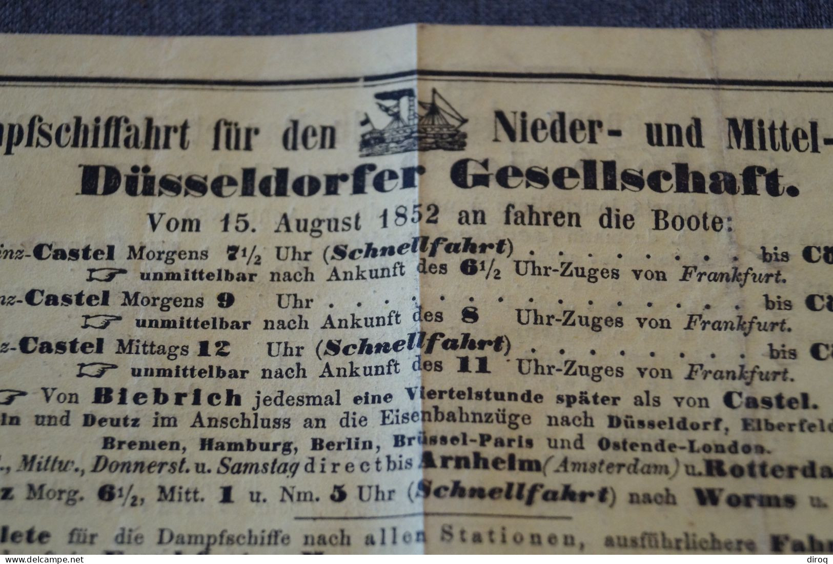 Petite Affiche Allemande 1852,Düsseldorf,publicitaire Navigation à Vapeur, 160 Mm./ 125 Mm.originale - Afiches