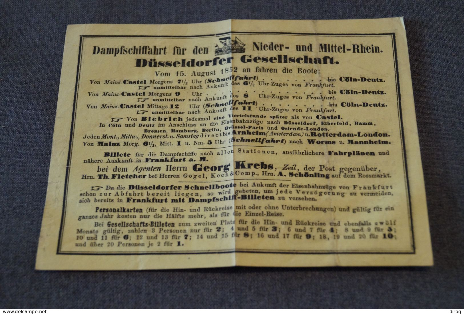 Petite Affiche Allemande 1852,Düsseldorf,publicitaire Navigation à Vapeur, 160 Mm./ 125 Mm.originale - Afiches