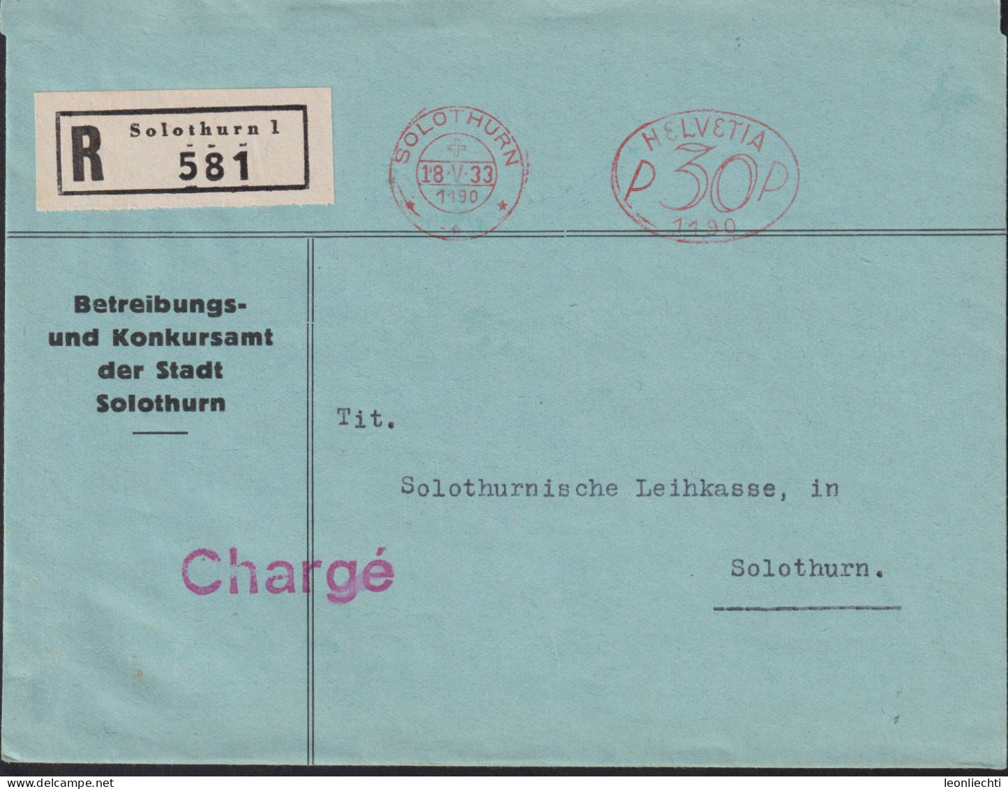 1933 Schweiz, R-Brief (FraMA)  Solothurn + HELVETIA P 30 1190, Betreibungs U. Konkursamt Der Stadt Solothurn - Frankeermachinen
