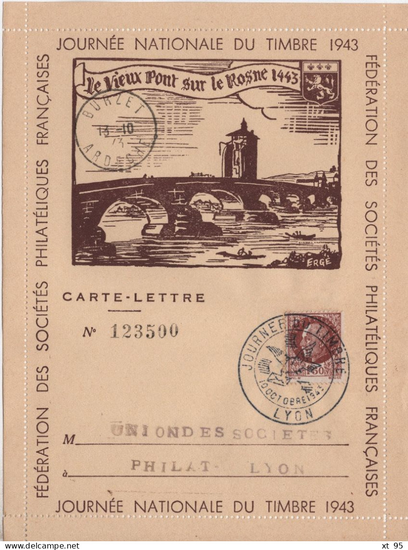 Journee Du Timbre 1943 - Lyon - Carte Lettre - 1921-1960: Période Moderne