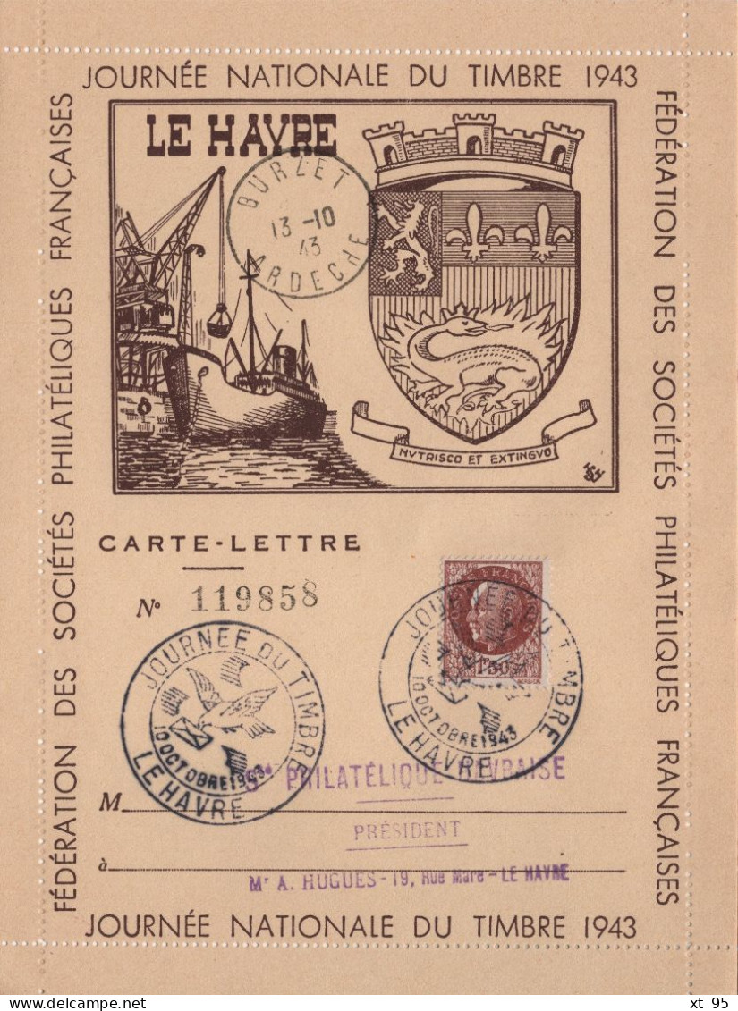 Journee Du Timbre 1943 - Le Havre - Carte Lettre - 1921-1960: Période Moderne