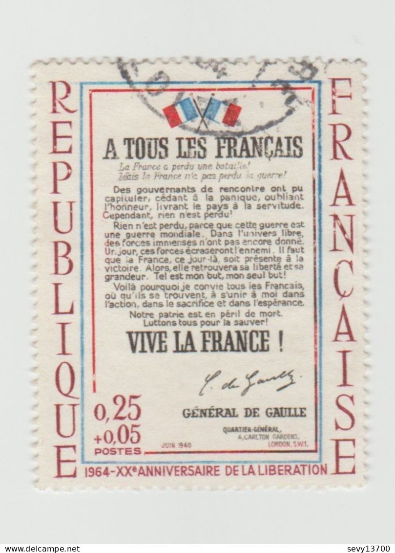 France 1964 Variété Timbre N° 1408 Appel Du 18 Juin Oblitéré - JUIN 1940 Et LONDON En Noir Et Rouge. - Gebraucht