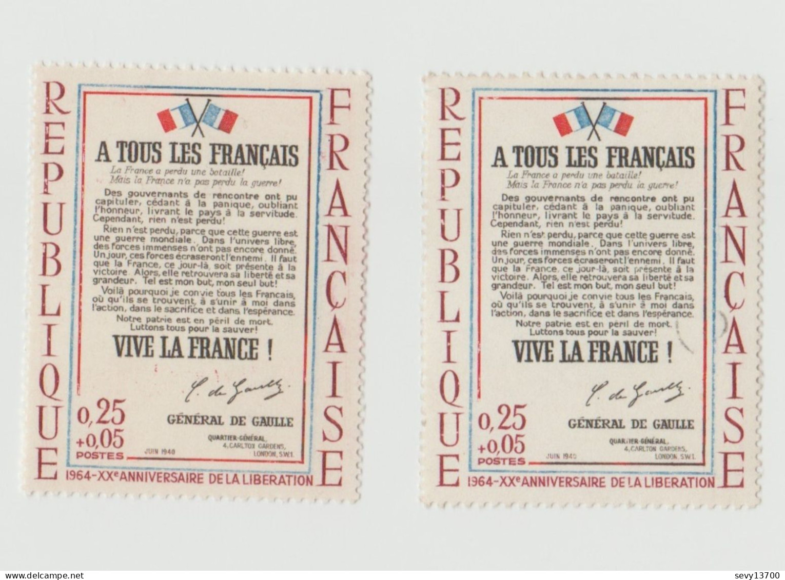 France 1964 2 Timbres Appel Du 18 JUIN N°1408e Neuf - Bande Rouge Du Drapeau Décalée Dans Le Timbre De Gauche - Neufs