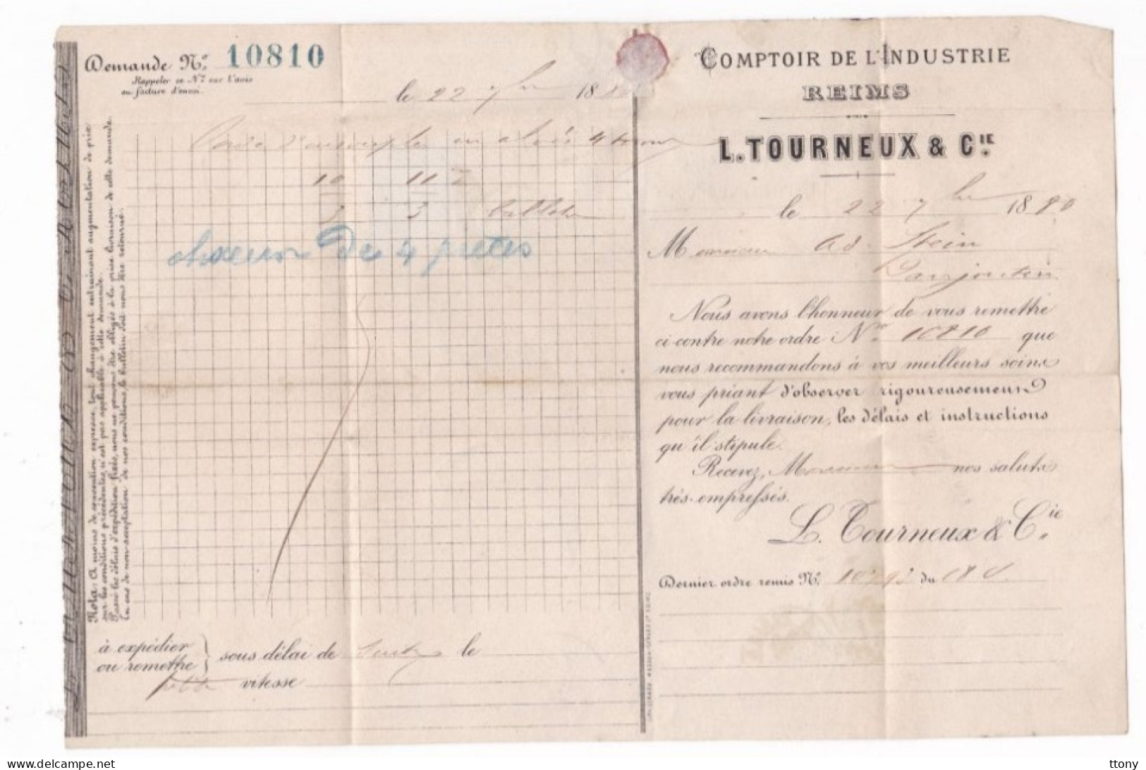 Une Facture Comptoir De L' Industrie Reims  L. Tourneux & Cie   1880  Destination Belfort - 1800 – 1899