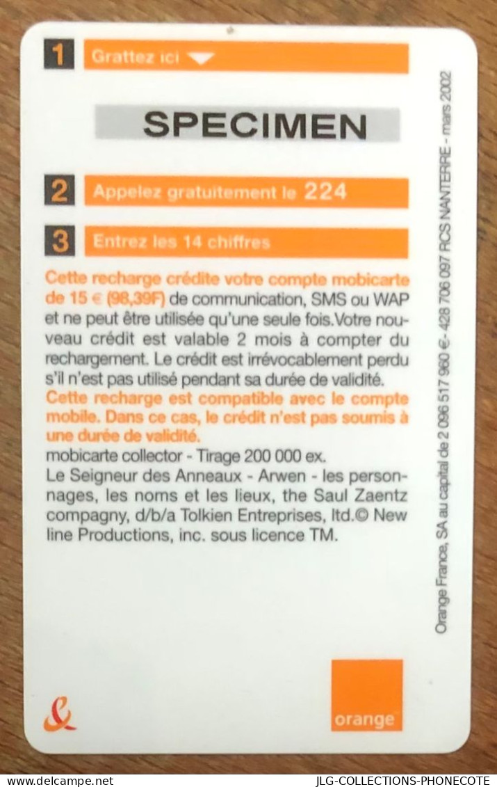 MOBICARTE ORANGE SEIGNEUR DES ANNEAUX ARWEN SPÉCIMEN MBC MOBI GSM SCHEDA PHONE CARD CALLING CARD CARTE TELECARTE - Mobicartes (recharges)