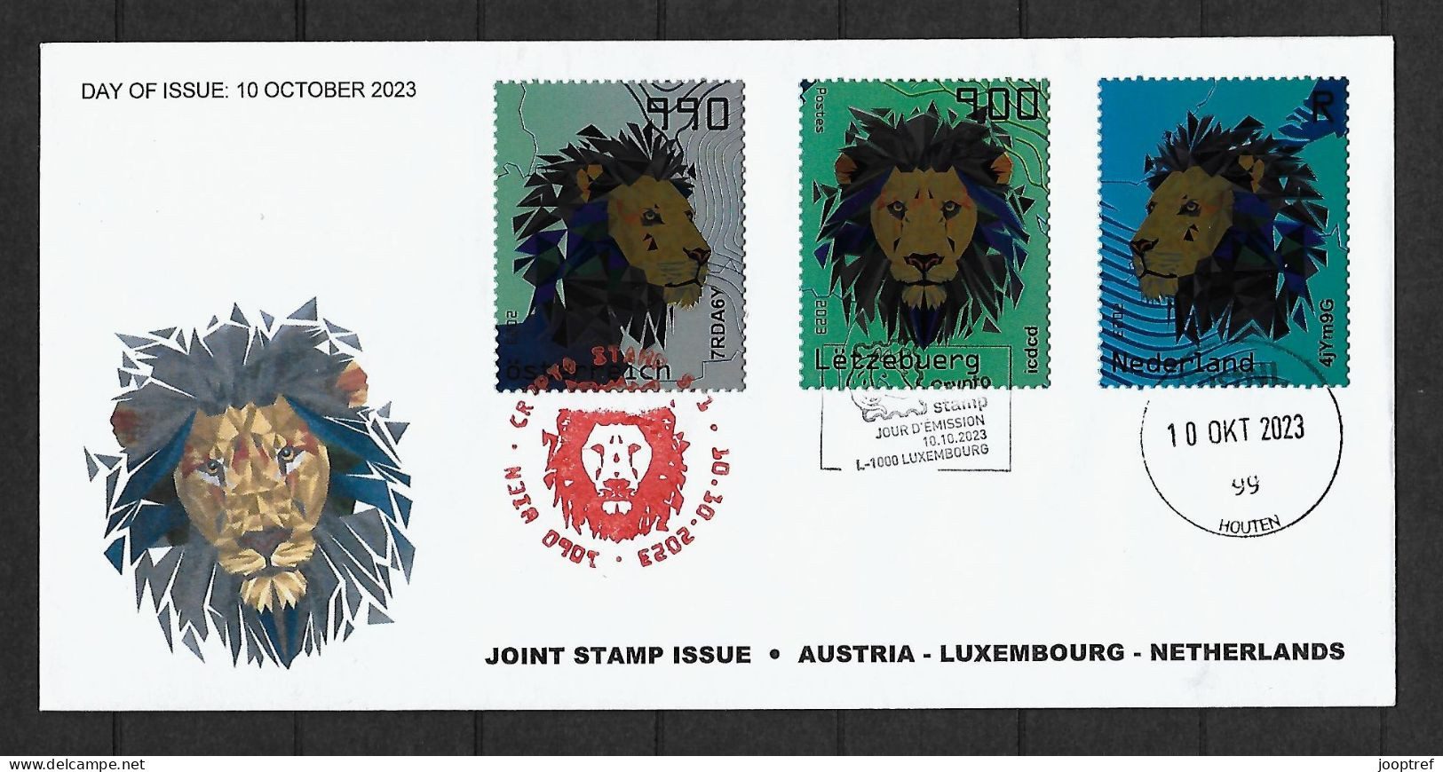 VERY VERY RARE 2023 Joint Austria-Luxembourg-Netherlands, MIXED FDC WITH ALL 3 CRYPTO STAMPS: Lions - Emisiones Comunes