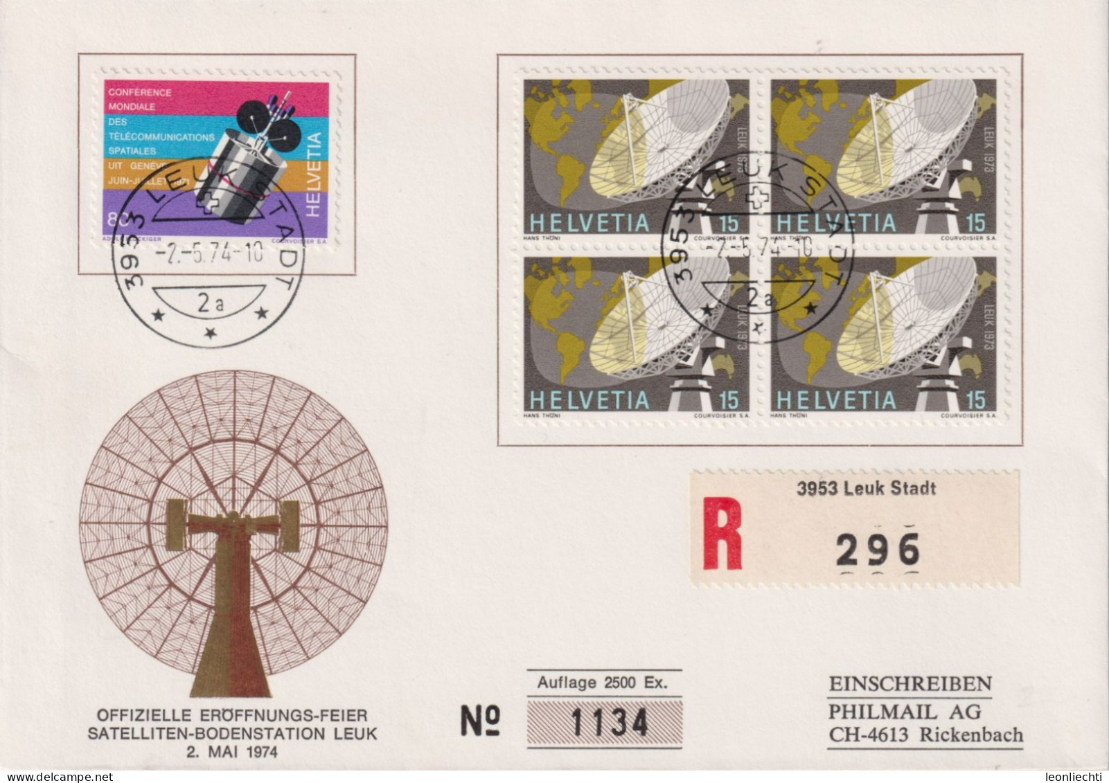 1974 Schweiz, R-Brief  Zum:CH 495+520, Mi:CH 945+988, Eröffnungs-Feier Sateliten-Bodenstation Leuk VS, N° 1134 - Storia Postale