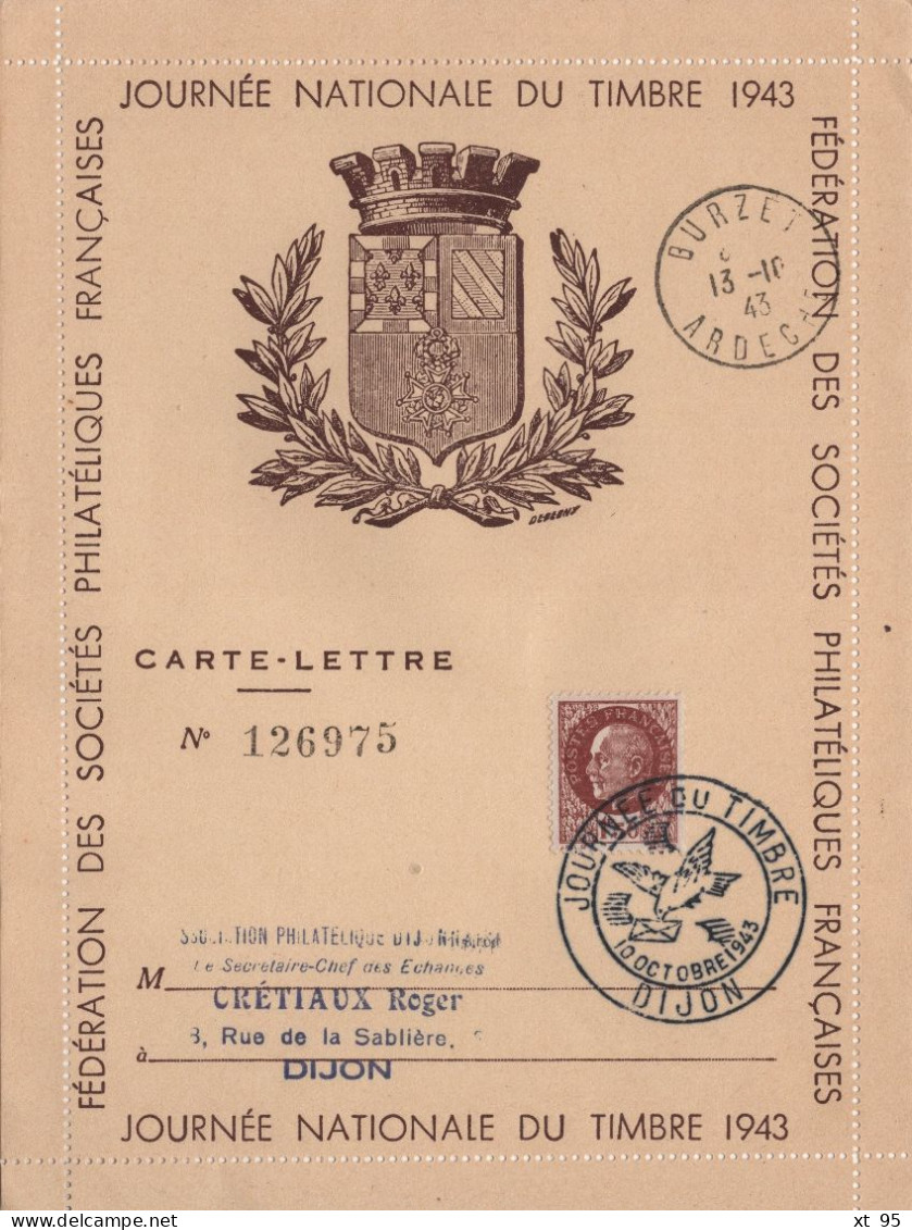 Journee Du Timbre 1943 - Dijon - Carte Lettre - 1921-1960: Période Moderne