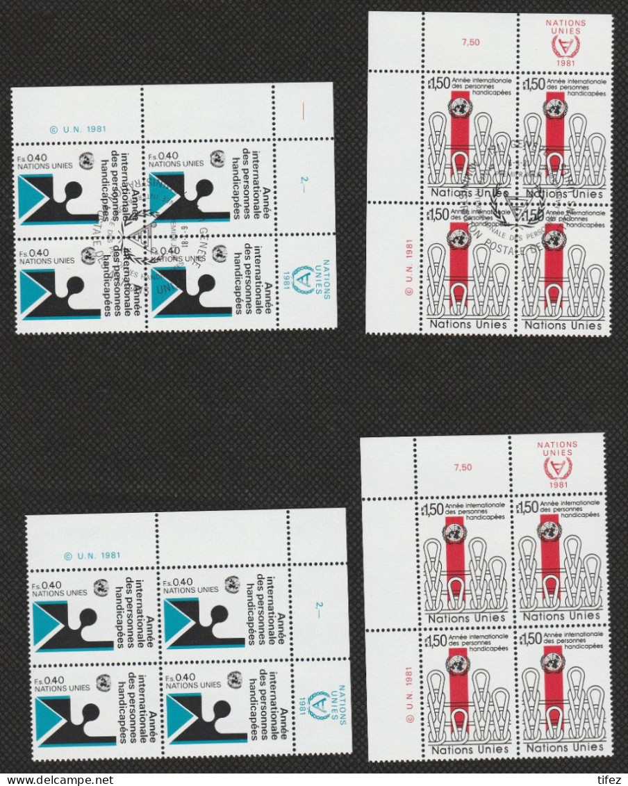 Nations Unies / Genève : N°97/98 :The International Year Of Disabled Persons : 4 Blocs De 4  Dont 2 Oblitérés 1er Jour - Unused Stamps