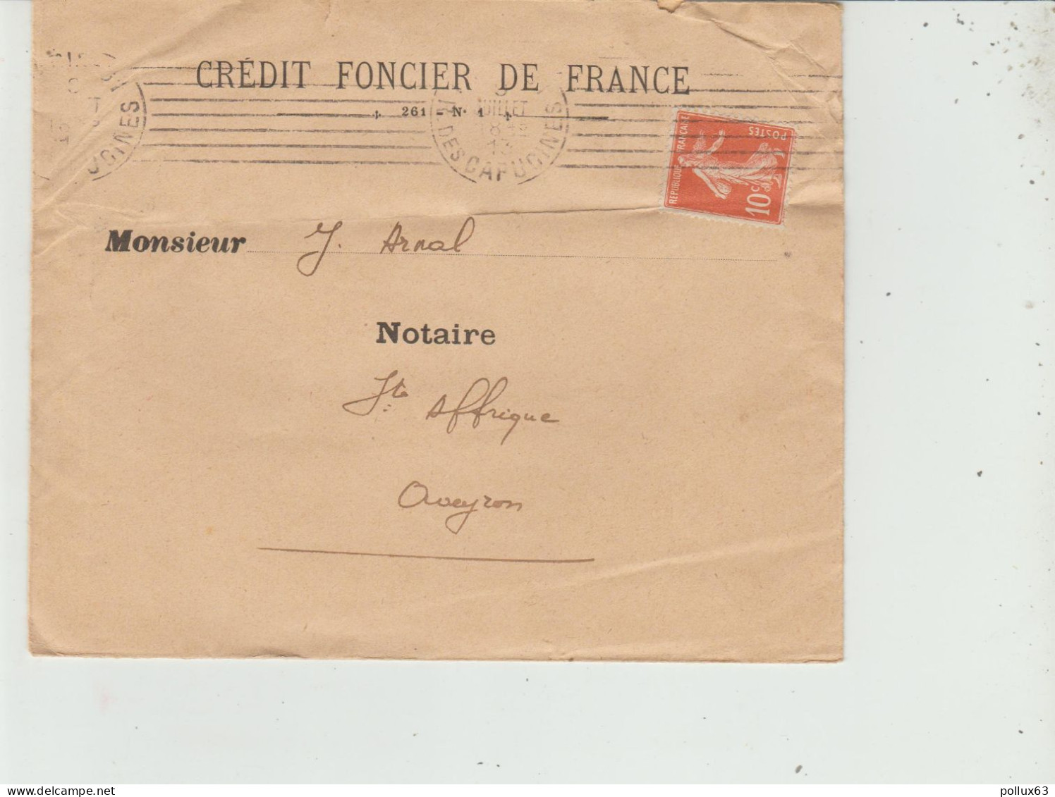 ENVELOPPE DU CREDIT FONCIER DE FRANCE à PARIS à MAÎTRE ARNAL NOTAIRE à SAINT-AFFRIQUE (12) - 1900 – 1949