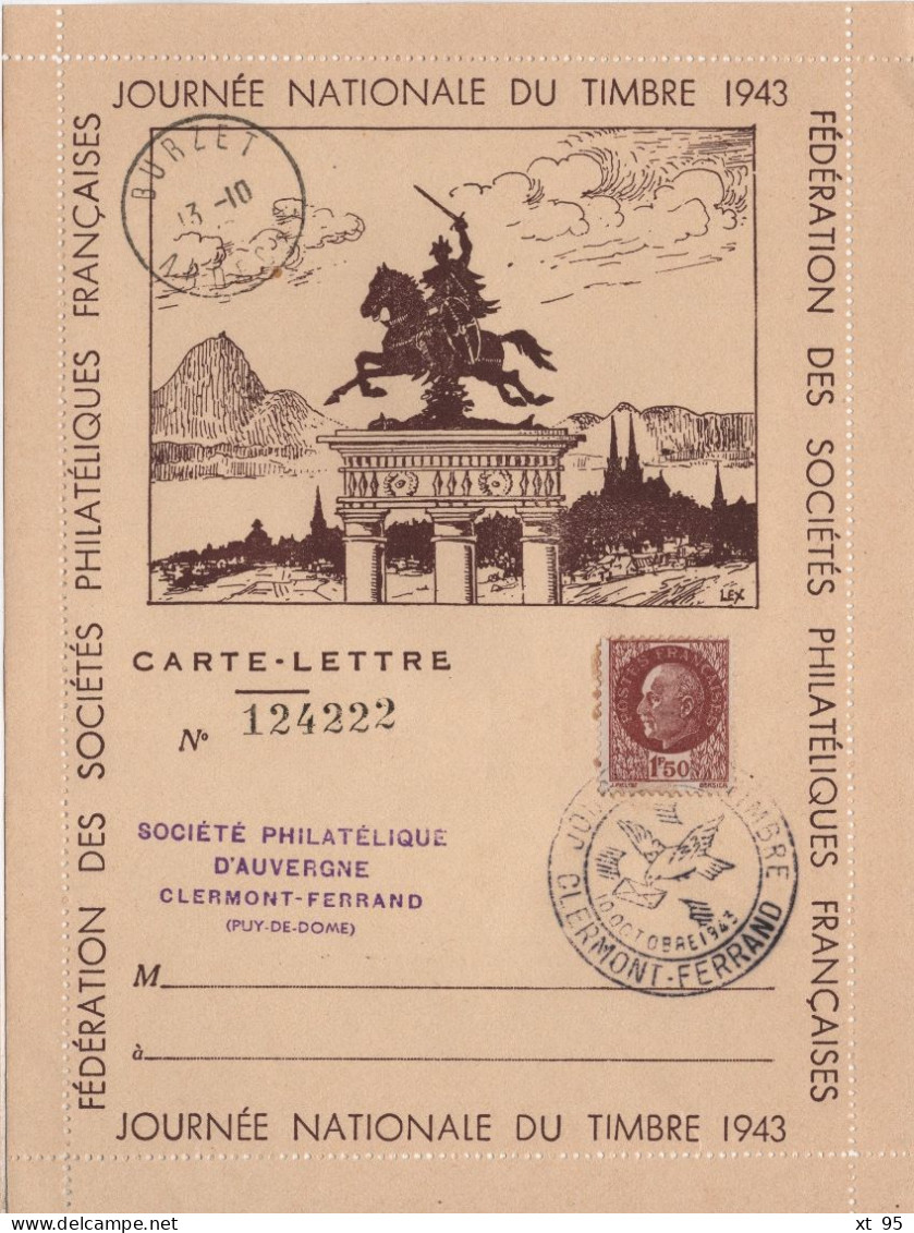 Journee Du Timbre 1943 - Clermont Ferrand - Carte Lettre - 1921-1960: Période Moderne