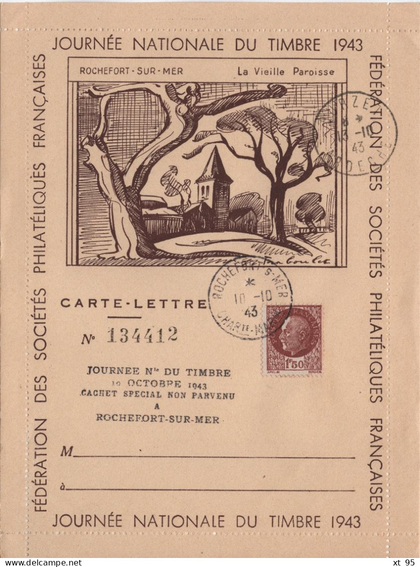 Journee Du Timbre 1943 - Rochefort Sur Mer - Cachet Special Non Parvenu - Carte Lettre - 1921-1960: Période Moderne