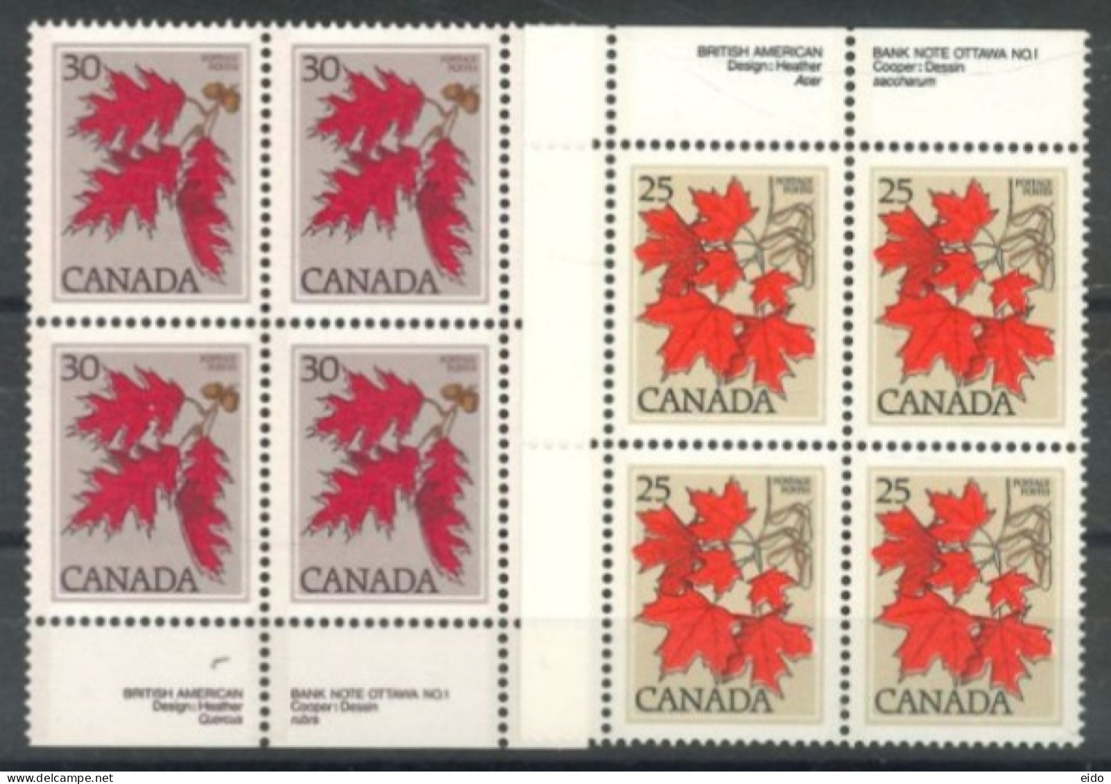 CANADA - 1977, SUGAR MAPLE & RED OAK STAMPS BLOCK OF 4 EACH, UMM (**). - Neufs