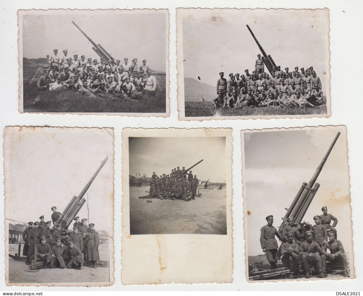 Ww2 Bulgaria Bulgarian Military Soldiers Pose W/anti Aircraft Gun, Flak, 5 Vintage Orig Photo 6.1x8.6cm.; 8.5x6cm. /3521 - War, Military