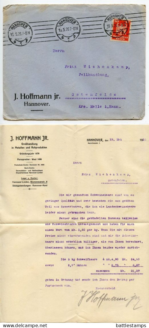 Germany 1926 Cover & Letter; Hannover - J. Hoffman Jr., Großhandlung In Metallen Und Rohprodukten; 10pf. German Eagle - Covers & Documents