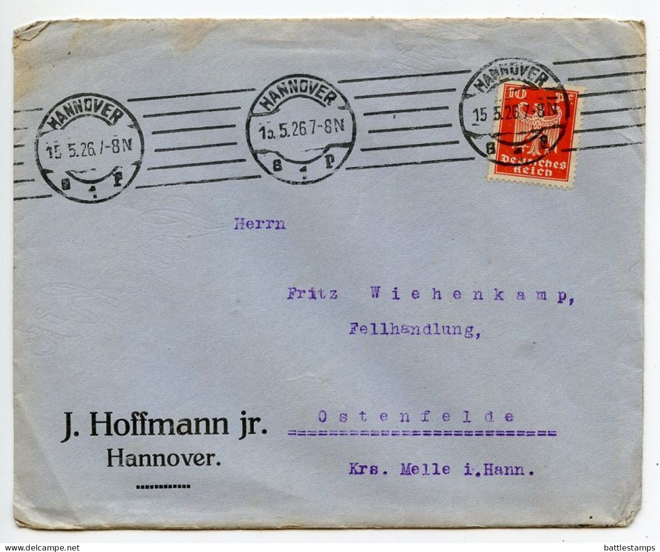 Germany 1926 Cover & Letter; Hannover - J. Hoffman Jr., Großhandlung In Metallen Und Rohprodukten; 10pf. German Eagle - Covers & Documents