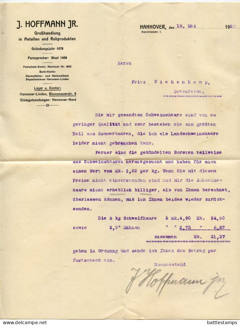 Germany 1926 Cover & Letter; Hannover - J. Hoffman Jr., Großhandlung In Metallen Und Rohprodukten; 10pf. German Eagle - Covers & Documents