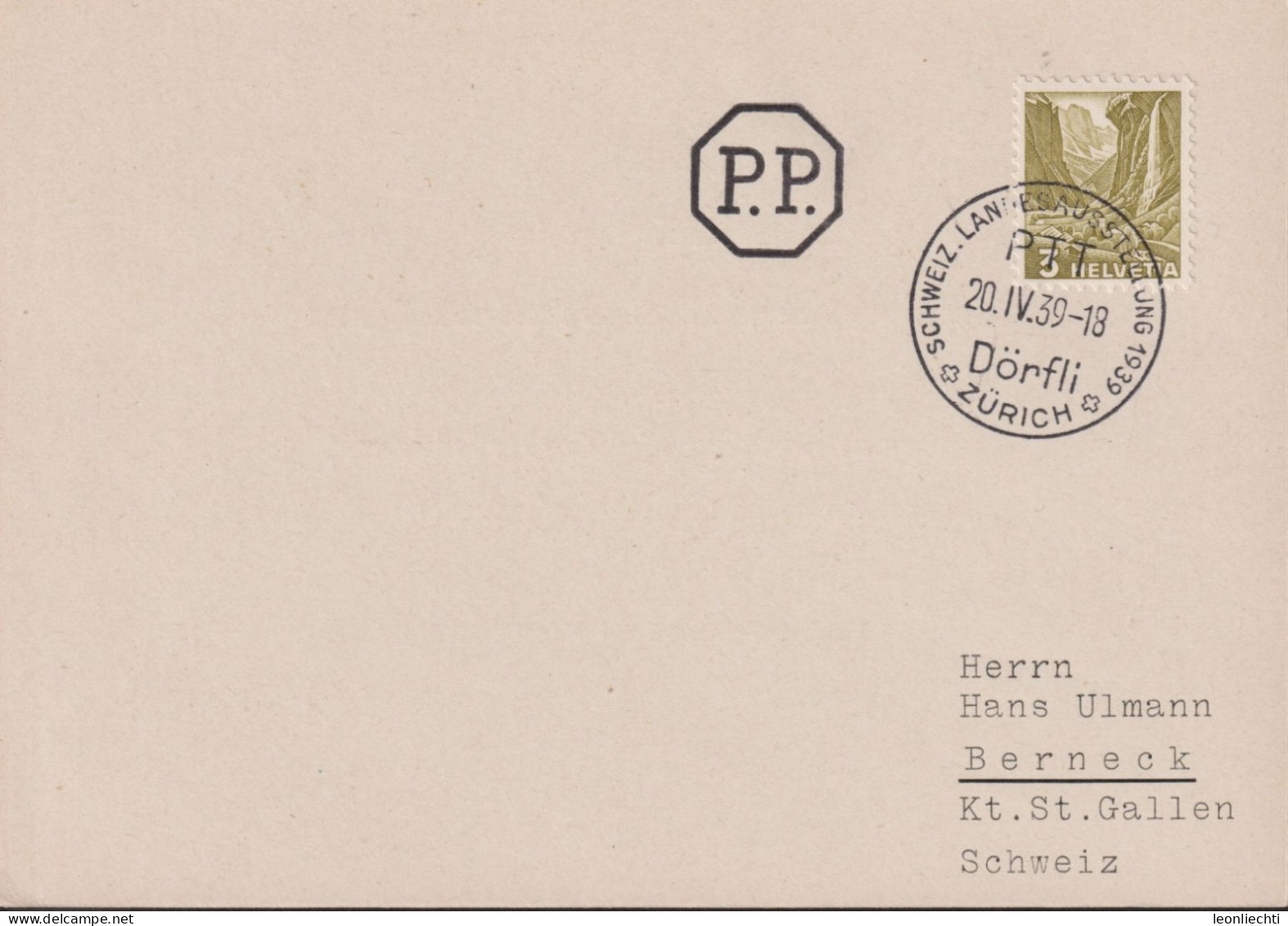 1939 Schweiz, P.P. + Stempel: Schweizer Landesausstellung 1939 Dörfli Zürich  Zum:CH 201, Mi:CH 297 Staubbachfall - Postmark Collection