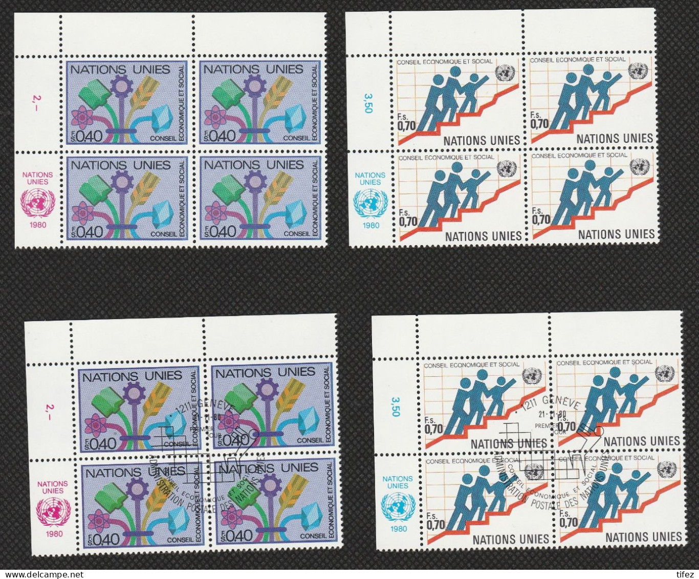 Nations Unies / Genève : N°94/95 : The Economic And Social Council : 4 Blocs De 4  Dont 2 Oblitérés 1er Jour - Unused Stamps