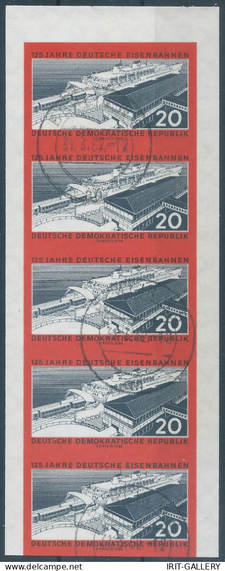 Germany-Deutschland,DDR 1960The 125th Anniversary Of Rail Roads,20Pfg Orange Red/Black Imperforated.strip Of 5 Canceled - Usados