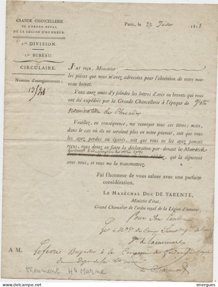 Chancellerie Légion D'honneur,1818,Lefèvre,gendarme Chaumont,1818,Maréchal Duc Tarente,Vicomte De Sainemare,autographe - Documents Historiques