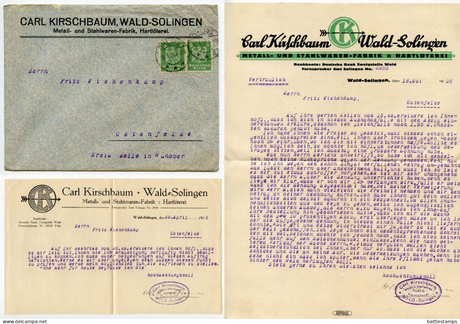 Germany 1926 Cover & Letters; Ohligs - Carl Kirschbaum, Metall- Und Stahlwaren-Fabrik; 5pf. German Eagle X 2 - Covers & Documents