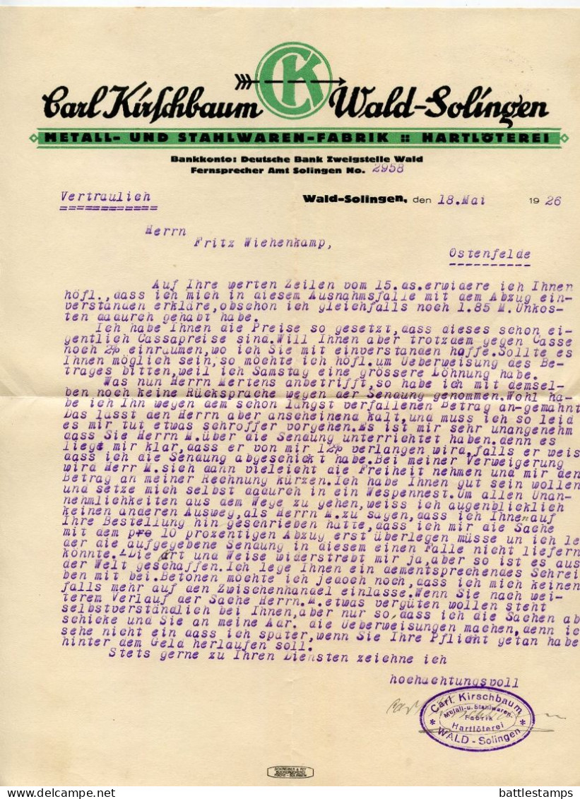 Germany 1926 Cover & Letters; Ohligs - Carl Kirschbaum, Metall- Und Stahlwaren-Fabrik; 5pf. German Eagle X 2 - Lettres & Documents