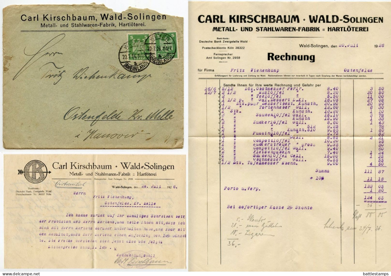 Germany 1926 Cover W/ Letter & Invoice; Weyer - Carl Kirschbaum, Metall- Und Stahlwaren-Fabrik; 5pf. German Eagle X 2 - Lettres & Documents