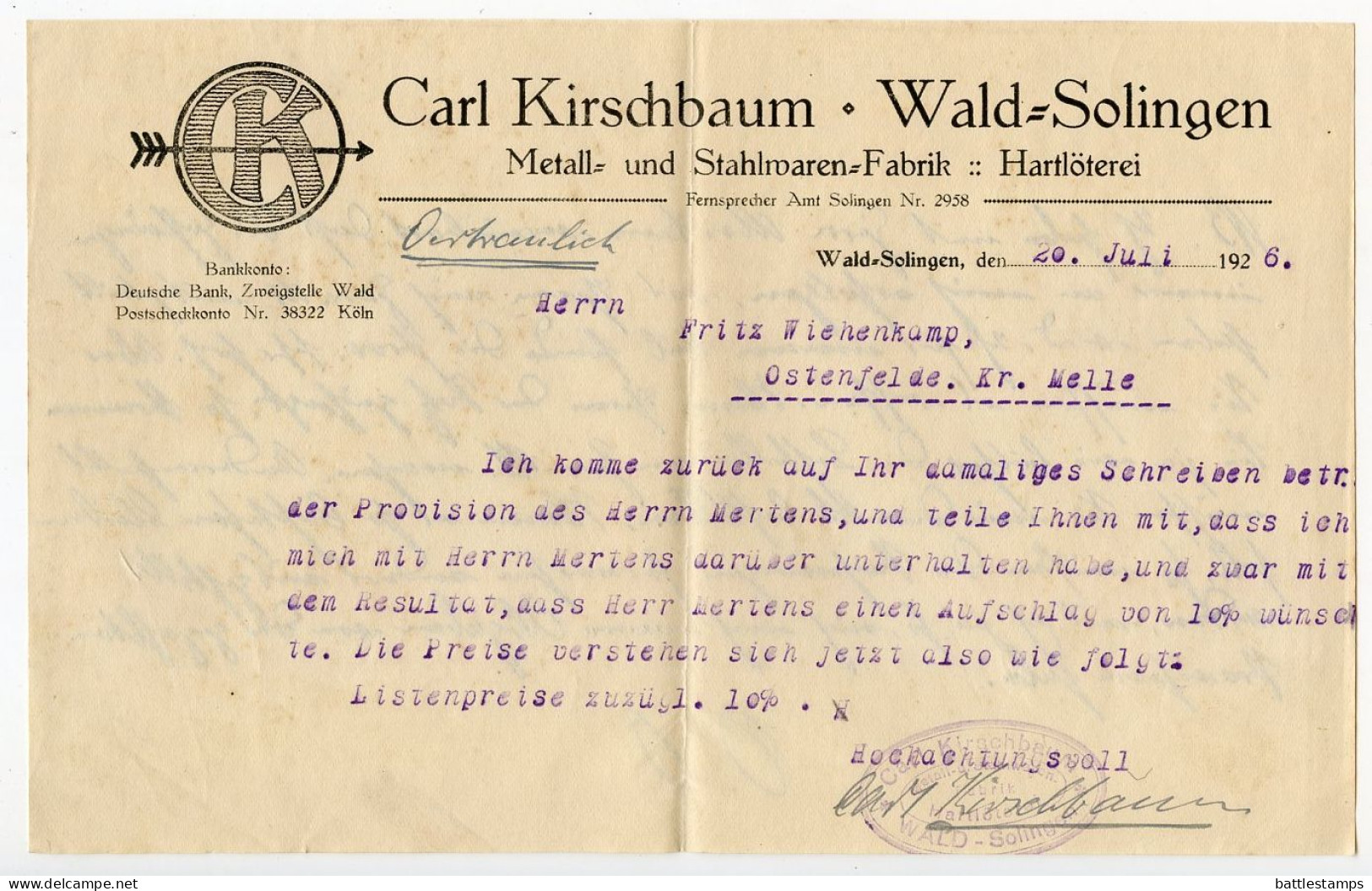 Germany 1926 Cover W/ Letter & Invoice; Weyer - Carl Kirschbaum, Metall- Und Stahlwaren-Fabrik; 5pf. German Eagle X 2 - Covers & Documents