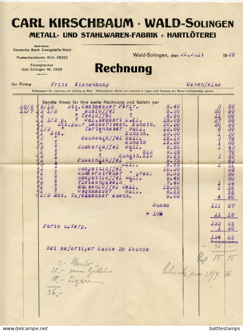 Germany 1926 Cover W/ Letter & Invoice; Weyer - Carl Kirschbaum, Metall- Und Stahlwaren-Fabrik; 5pf. German Eagle X 2 - Lettres & Documents