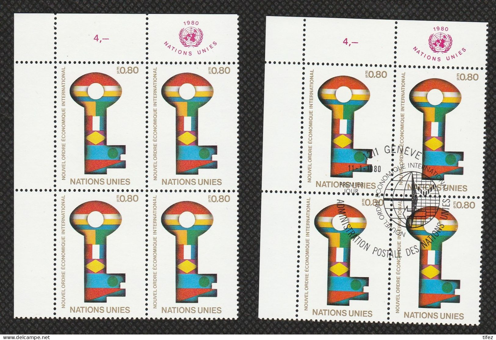 Nations Unies / Genève : N°88: New Economic Order : 2 Blocs De 4  Dont  Oblitéré 1er Jour - Unused Stamps