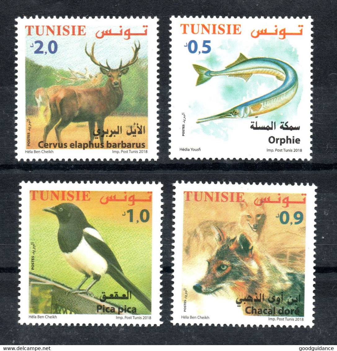 2018- Tunisia- Terrestrial And Maritime Fauna From Tunisia: The Garfish- The Golden Jackal- Magpie- Berber Deer-MNH** - Otros & Sin Clasificación