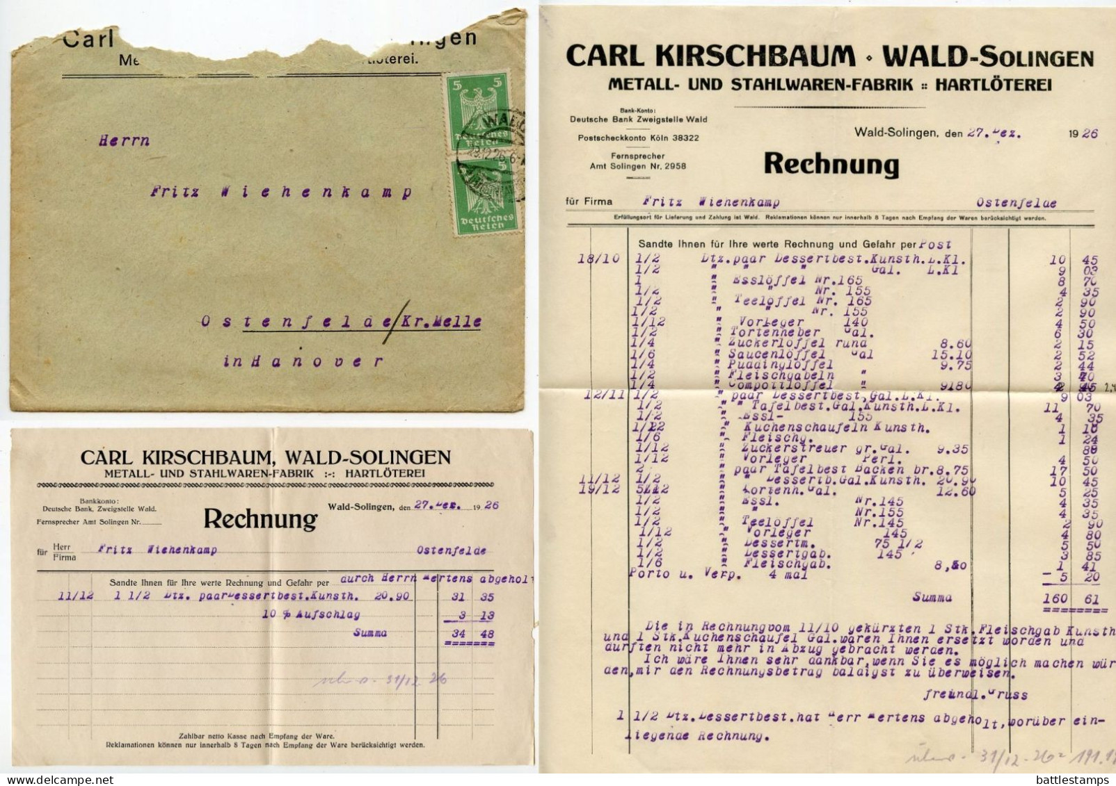 Germany 1926 Cover & Invoices; Wald - Carl Kirschbaum, Metall- Und Stahlwaren-Fabrik; 5pf. German Eagle, Pair - Covers & Documents