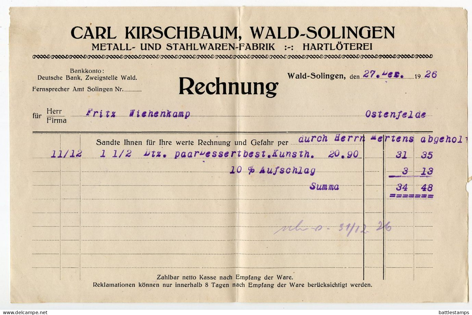 Germany 1926 Cover & Invoices; Wald - Carl Kirschbaum, Metall- Und Stahlwaren-Fabrik; 5pf. German Eagle, Pair - Covers & Documents