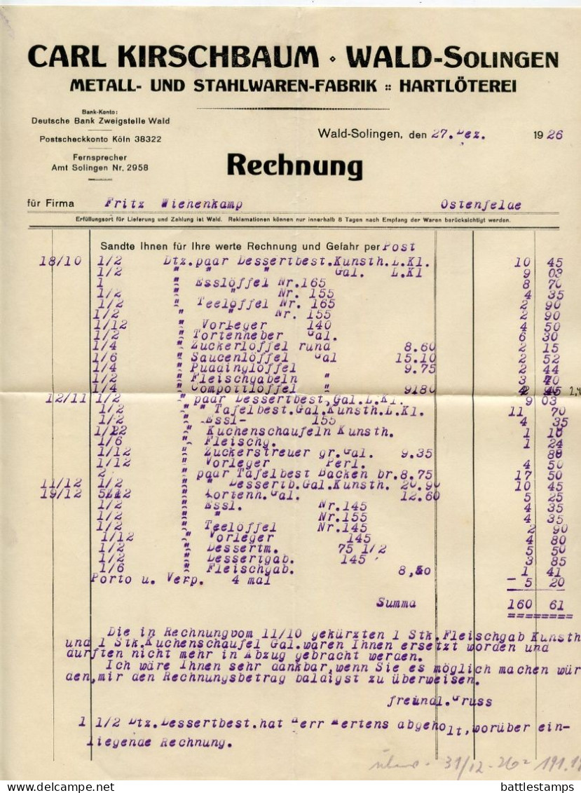 Germany 1926 Cover & Invoices; Wald - Carl Kirschbaum, Metall- Und Stahlwaren-Fabrik; 5pf. German Eagle, Pair - Covers & Documents