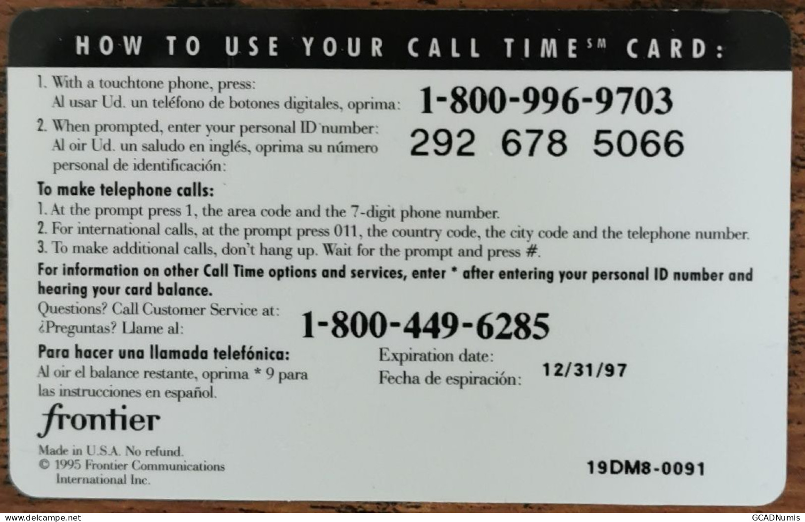 Carte De Recharge - Call Time 10$ Frontier Communications USA - Télécarte ~40 - Altri & Non Classificati