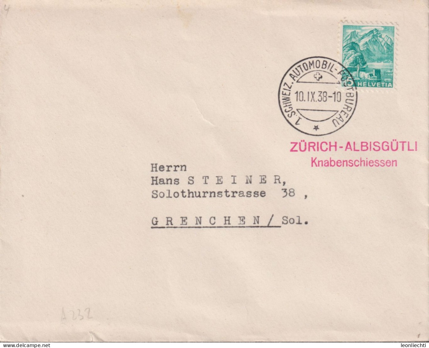 1938 Schweiz, Brief  Zum:CH 202, Mi:CH  298, Pilatus, Zürich-Albisgüetli Knabenschiessen - Covers & Documents
