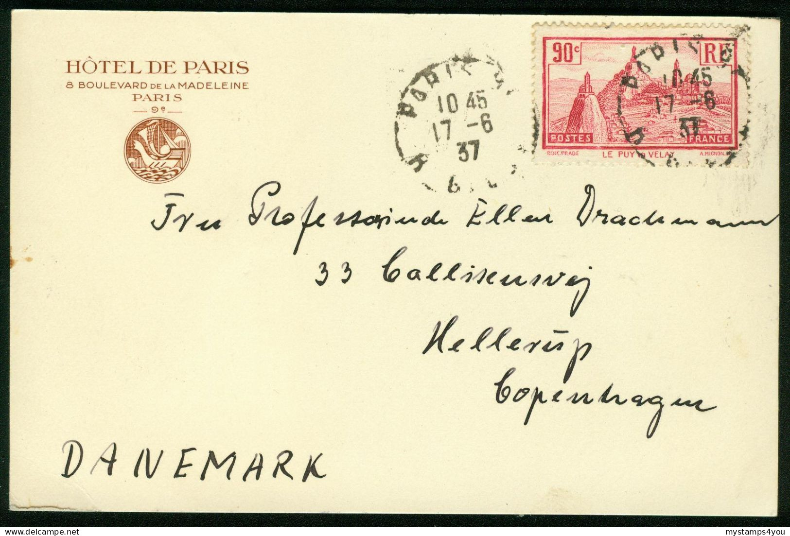 Br France, Paris 1937 Postcard > Denmark (Hotel De Paris) #bel-1053 - Lettres & Documents