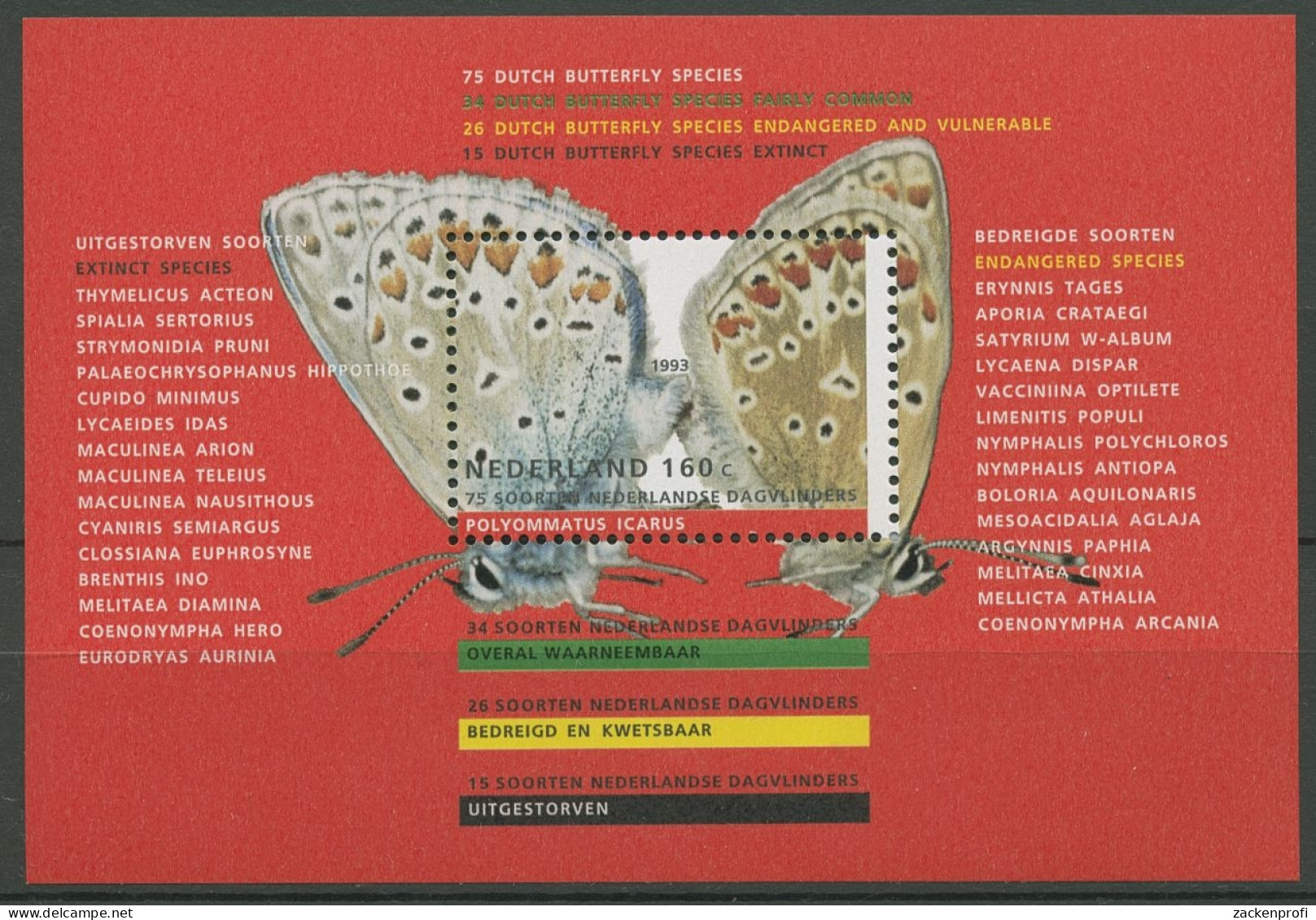 Niederlande 1993 Naturschutz Schmetterlinge Block 38 Postfrisch (C95023) - Blocks & Sheetlets
