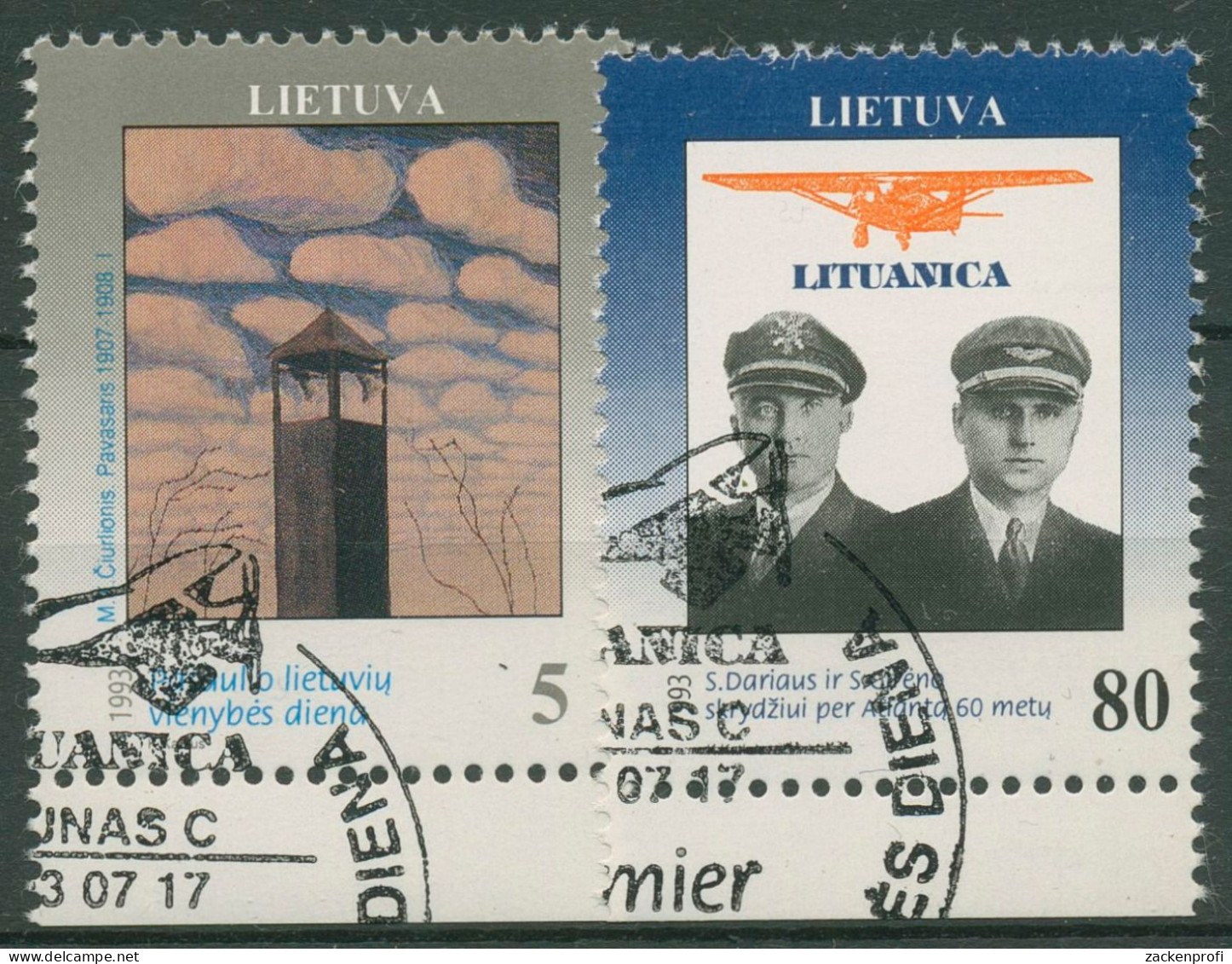 Litauen 1993 Tag Der Einheit Gemälde Piloten 529/30 Gestempelt - Lituania