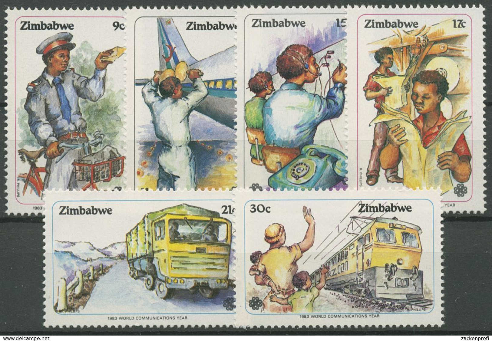 Simbabwe 1983 Weltkommunikationsjahr Briefträger Drucker 280/85 Postfrisch - Zimbabwe (1980-...)