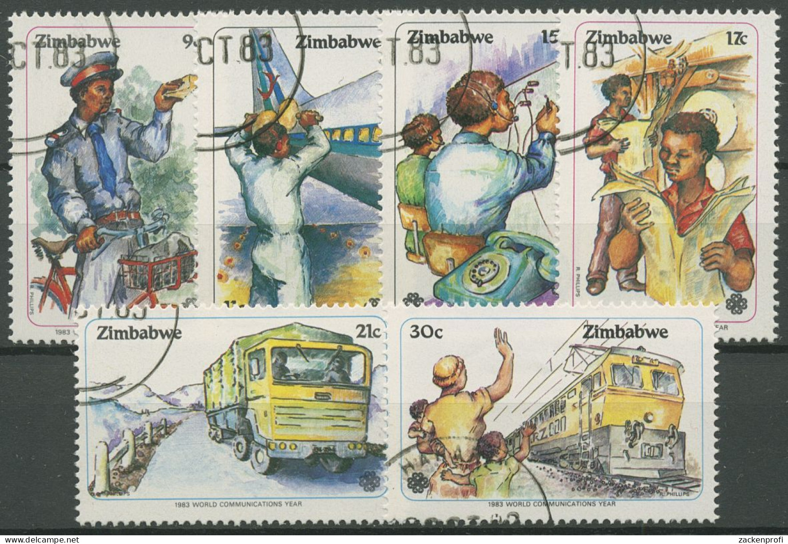 Simbabwe 1983 Weltkommunikationsjahr Briefträger Drucker 280/85 Gestempelt - Zimbabwe (1980-...)